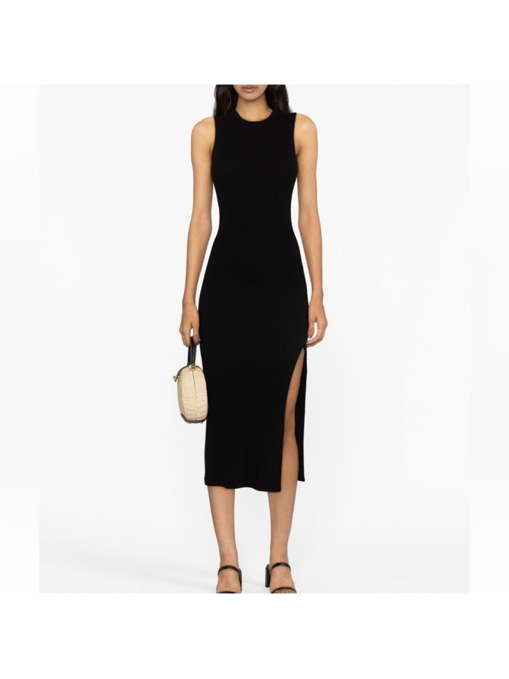 Reformation Black Ribbed Sleeveless Midi Dress with Side Slit Size S